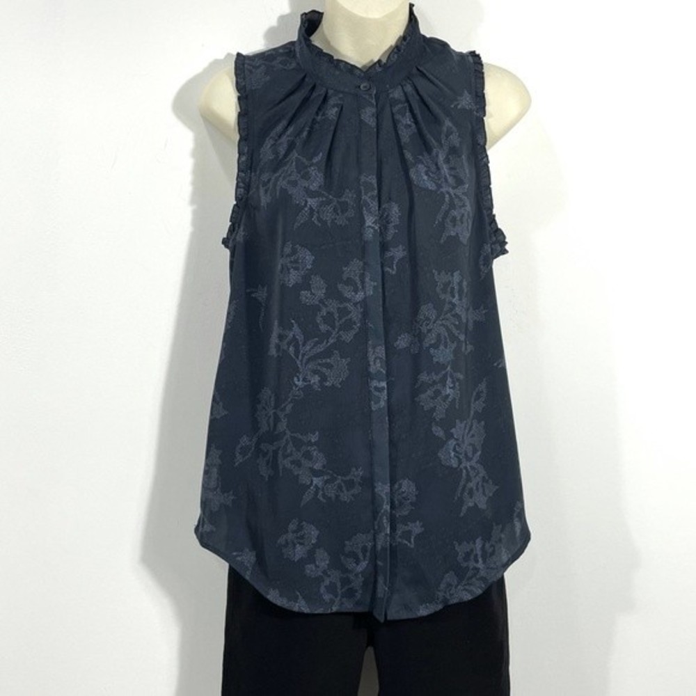 Treasure & Bond Blue Ruffle Neck Sleeveless Button Down Floral Print